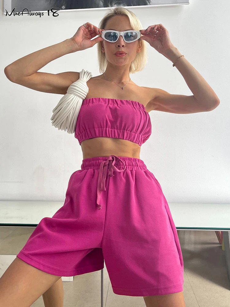 

Mnealways18 Sport Street Women Sweatpants Suits Pink Corset Casual Wide Leg Shorts 2 Pieces Summer Sets Elastic Short Pants Set