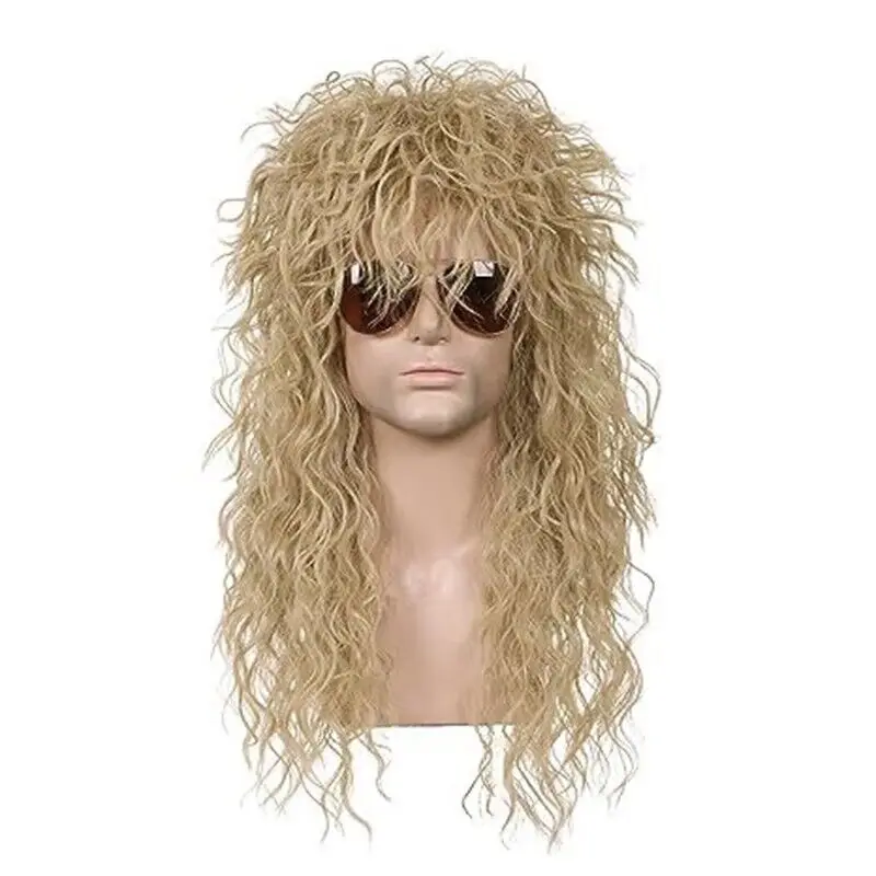 Мужской рокер 80s золотой длинный кудрявый вьющийся парик для Хэллоуина Косплей
