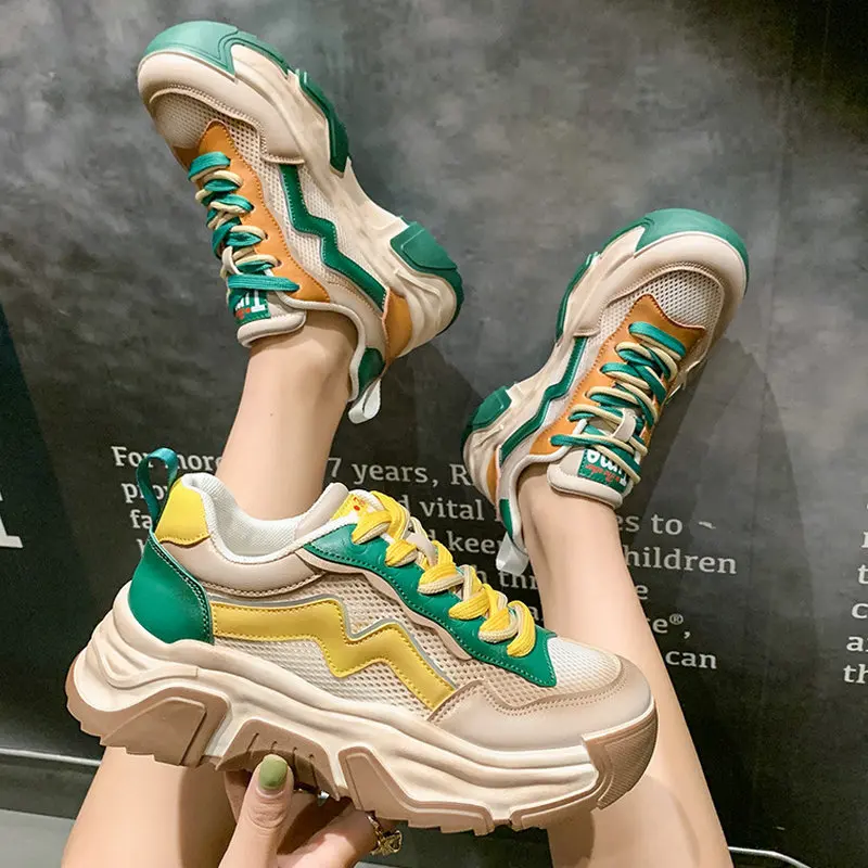 Women's Shoes 2023 Spring and Summer New Lace-up Color-Blocking Inner Height-increasing Shoes Sneakers Women Tenis Feminino