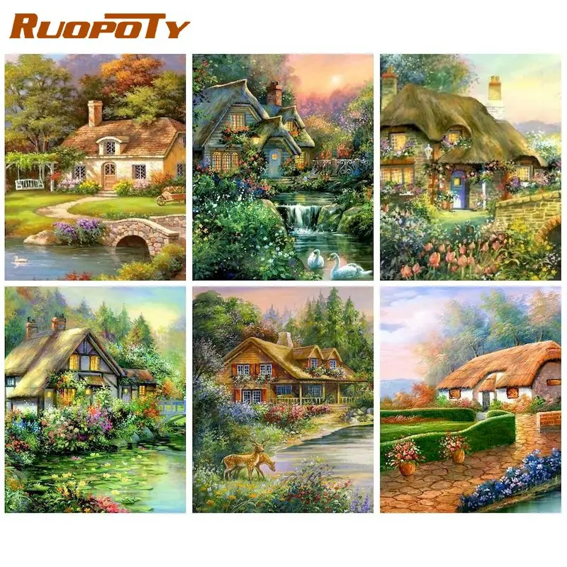 

RUOPOTY DIY Painting By Number Tree House Hand Painted Paintings Art Drawing On Canvas Gift Pictures By Numbers Scenery Kits Hom