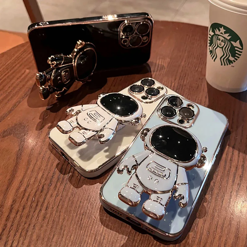 

Luxury Plating Astronaut Holder Phone Case For iPhone 11 12 13 14 Pro Max Mini XR X XS 7 8 Plus SE 2 3 Shockproof Silicone Cover