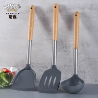 silicone kitchenware 3 piece set wooden handle silicone shovel spoon silicone pot shovel dense shovel soup spoon