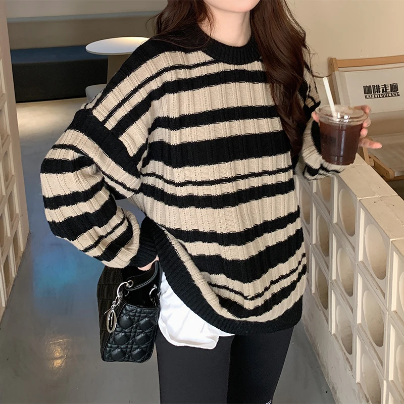 

Женский свитер в полоску, свободный облегающий пуловер большого размера в стиле ретро, трикотажный топ свободного кроя на осень и зиму