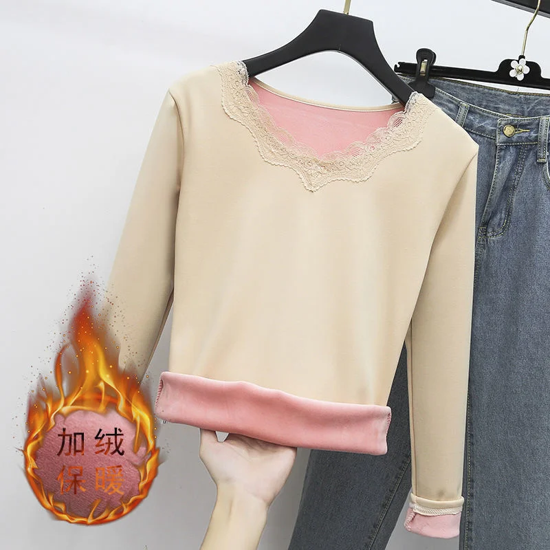 

Бархатные Топы, облегающее кружевное зимнее нижнее белье, термоутепленная утепленная футболка с V-образным вырезом, однотонная теплая женская футболка