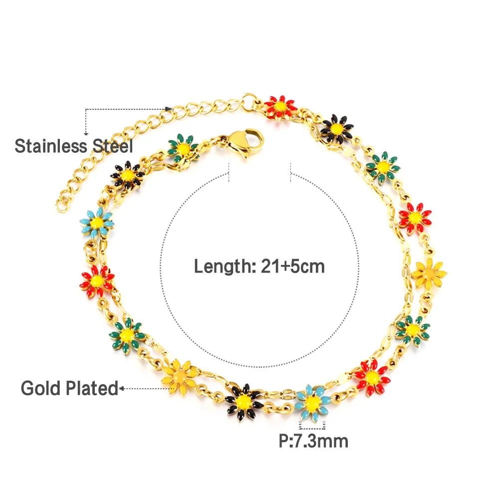 Summer Beach Ankle Bracelets Stainless Steel Double Chain Daisy Flower Charm Ankle foot Chain for Women Girls Jewelry Gifts