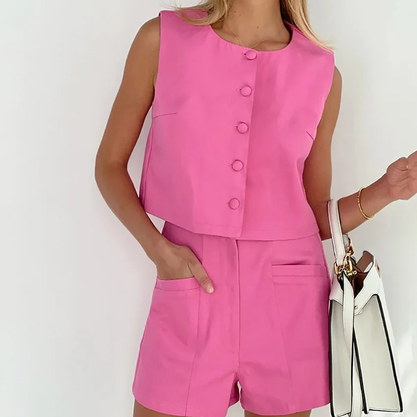 

Small suit two-piece set 2022 summer new vest high waist trousers shorts suit OL commuter temperament pink female