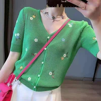 2022 women new summer floral print top female short sleeve cotton shirts ladies v neck casual slim knitted clothes pullover a76