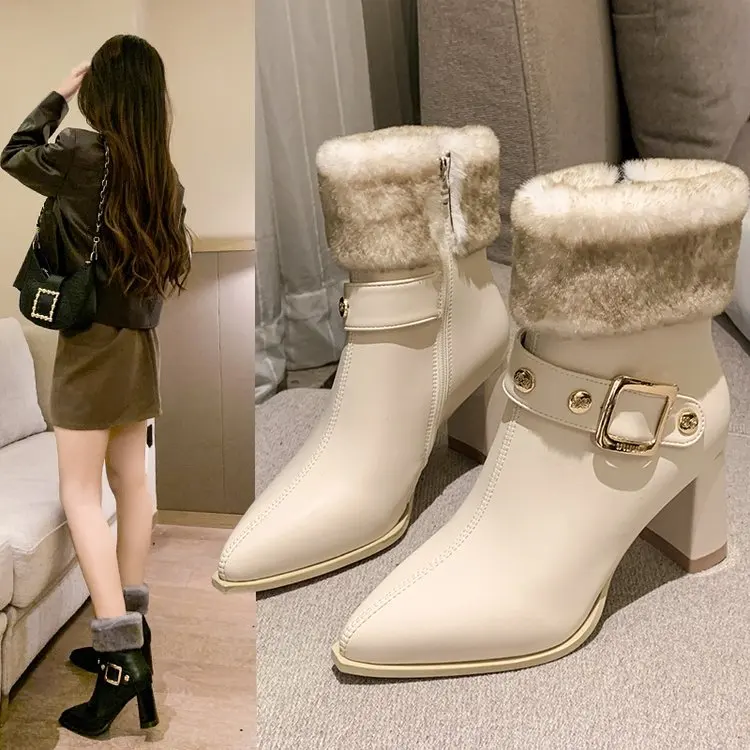 

2022 Winter New Fashion Boots Women's Shoes Rubber Thick Heel Artificial Plush Winter Fashion Boots