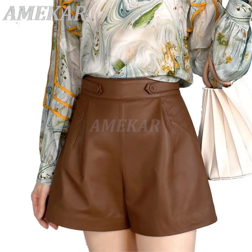 New Designer Genuine Leather Wide Leg Shorts For Women Blue Personality Side Plaid Embroidery Short Pant Lady Pantalones Cortos