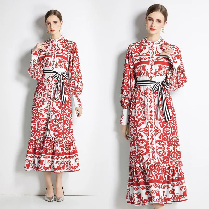 

2023 Spring Clothes New Bohemian Style Printed Small Stand Collar Long Dress Flower Bag Hip Skirt Retraction Pleated Dress