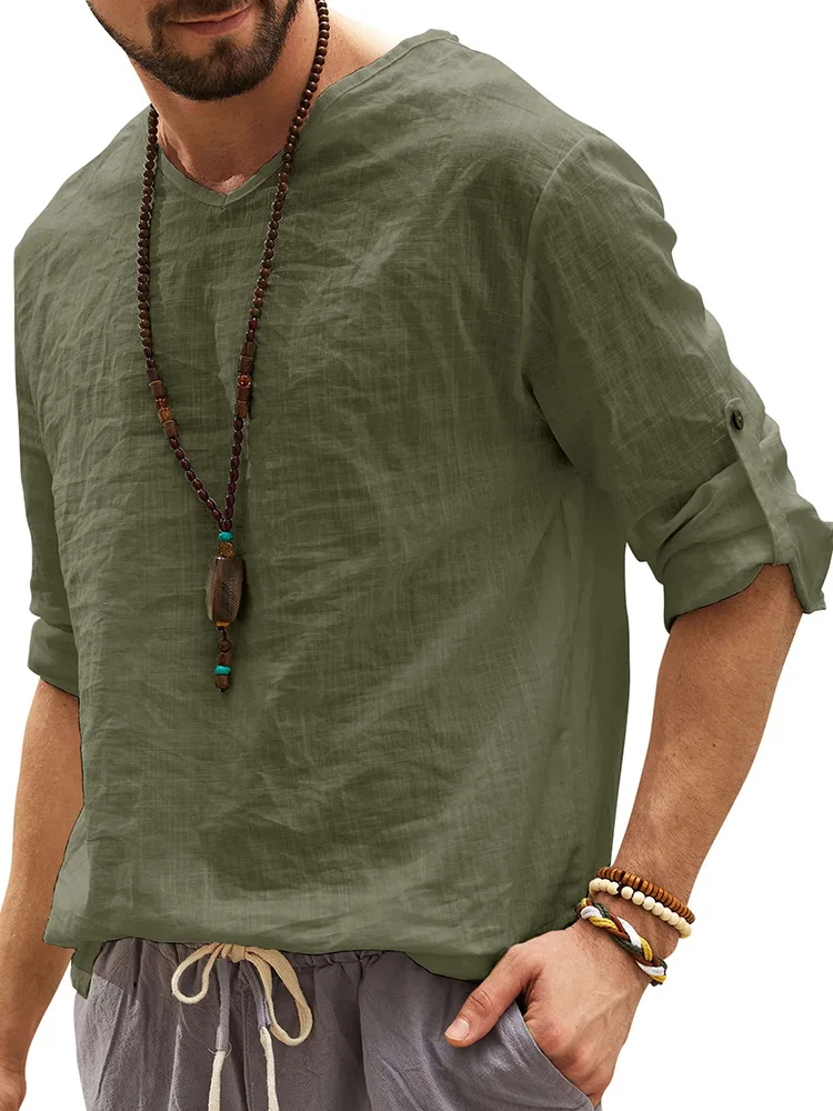 

2022 Fashion New V-Neck Solid Tops Pullover Men Adjustable Sleeve Casual T-shirts Vintage Loose Tee Shirt For Mens Streetwear