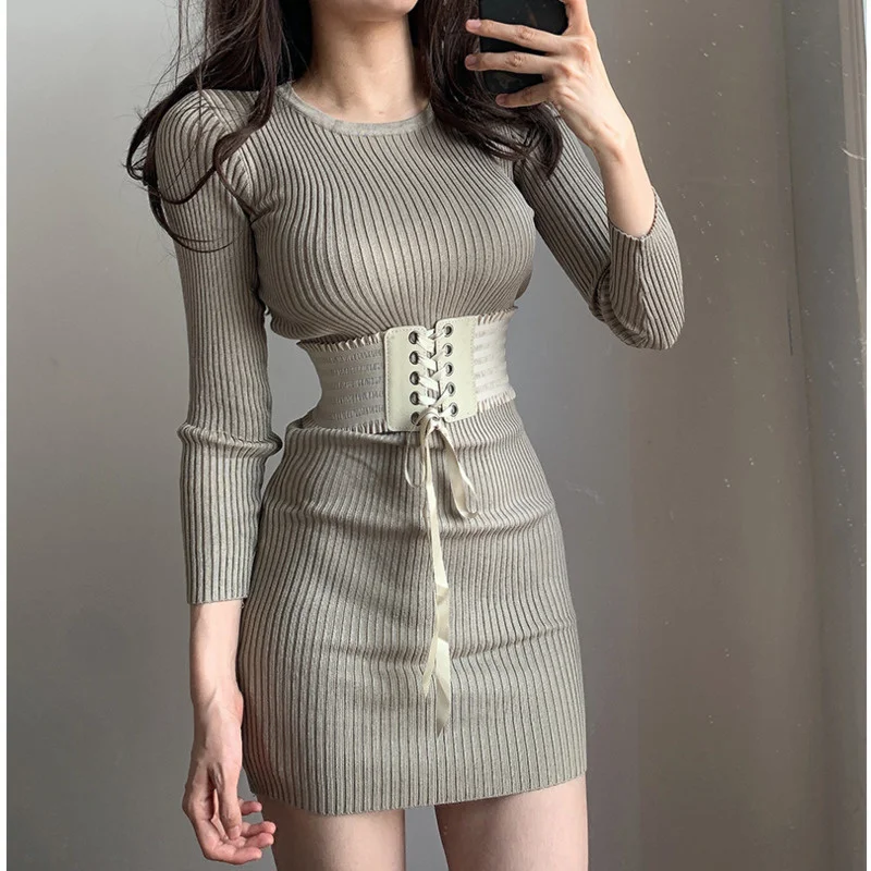 

New WOMENGAGA Winter Mature Elegant Round Neck Slim Hip Elastic Striped Knitting Mini Dress Sweater Fashion Korean Women Q8WB