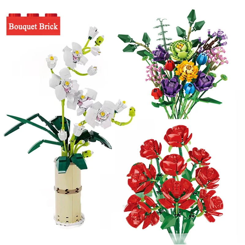 

Valentine's Day Bouquet Building Block Model Girl Gift Romantic Flower Plant Home Bonsai Decoration DIY Assembled Toy Brick