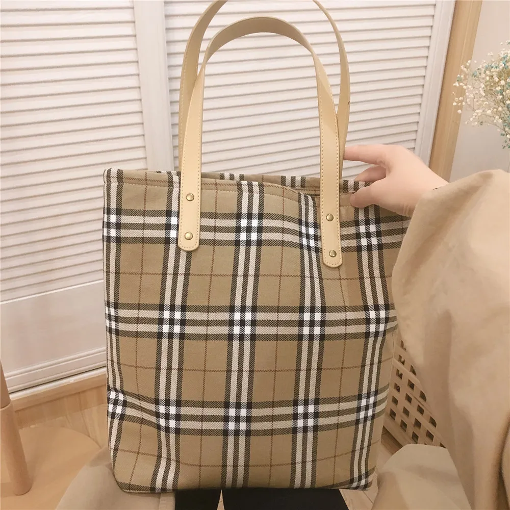 Women Canvas Shoulder Bags Retro Plaid Large Capacity Handbags Female Shopping Portable Lazy Foldable Tote Bag  Ladies Hand Bags