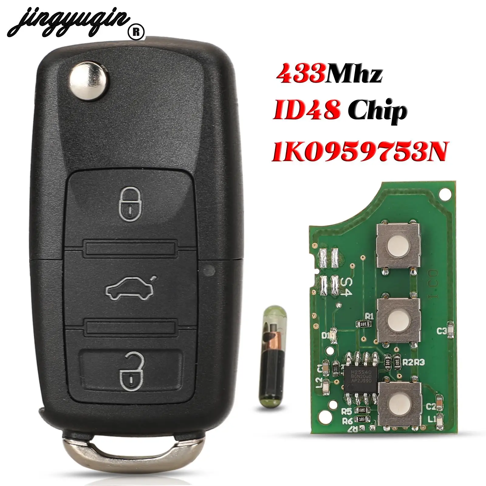 

jingyuqin 1K0 959 753 N для VW Volkswagen Golf Jetta Golf Passat Beetle 434 МГц откидной дистанционный ключ ID48 чип 3 кнопки 6QE 959 753