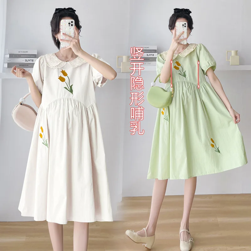 

Летние платья для беременных модная одежда с вышивкой кукольным воротником с коротким рукавом для беременных женщин платье для беременных