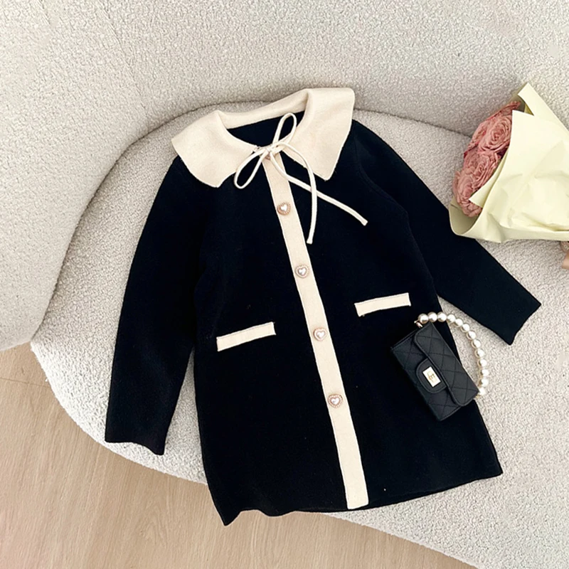 

Spring Autumn Girls Dress Toddler Knitted Dress Baby Long Sweater Kids Knitwear Children Clothes Bow Lace Pearl 2-8Y