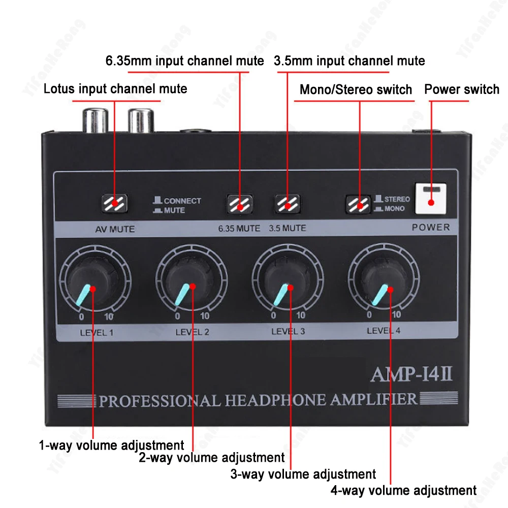 

Mini Headphone Amplifier Support For Mono/Stereo Audio Amplifier with RCA 3.5mm 6.35mm 4 Input 8 Output For Studio /Stage