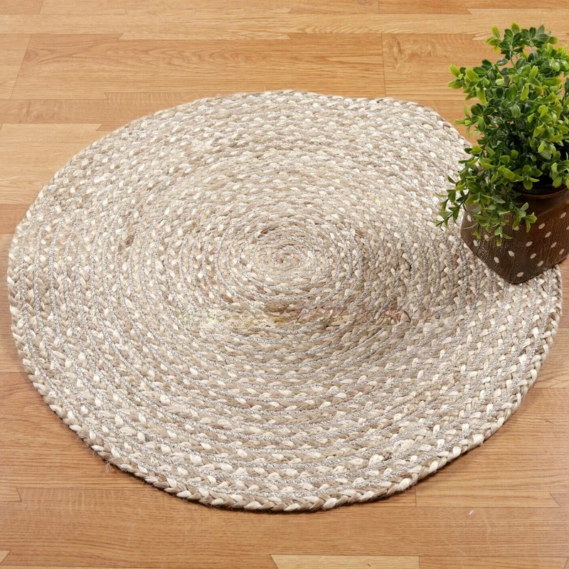 

Indian Rugs 60cm Natural Jute and Silver Cotton Round Braided Living Room Area Rug Soft Carpet Floor Mat