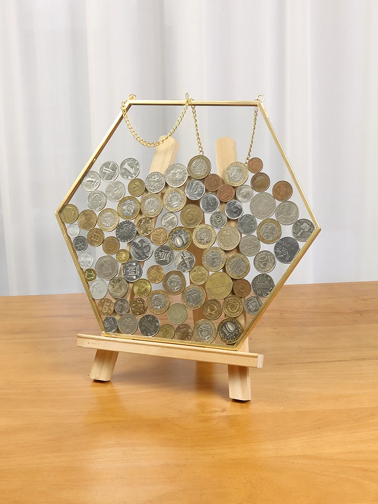 

Piggy Bank Hexagonal Coin Storage Display Metal Picture Frame Glass Transparent Wall Hanging Decoration Coin Retro Picture Frame