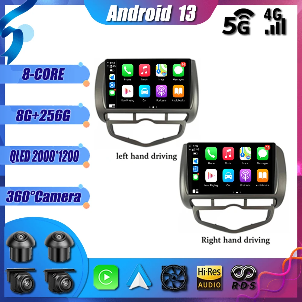 

Автомобильный мультимедийный плеер, 9 дюймов, Android 13, навигация GPS Carplay Navi 2Din, DVD, 4G, Wi-Fi, для Honda Jazz City 2004 - 2007