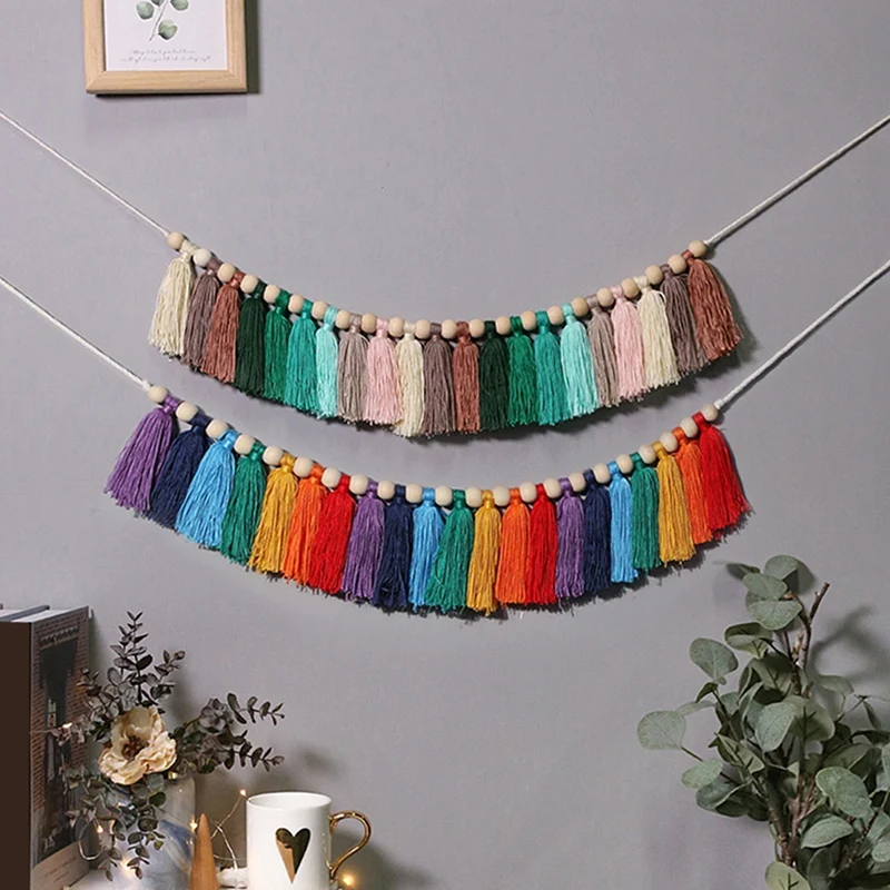 

Boho Tassel Garland Colorful Tassel Banner With Wood Beads For Bedroom Nursery Classroom Dorm Room Wall Hanging Decor