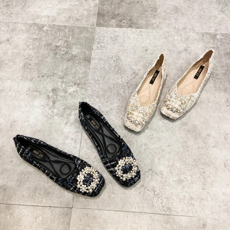 

Woman Flat Shoes Women Woolen cloth Ballerinas Square Toe diamond pearl Slip On Ballet Flats Maternity Loafers Moccasins Ladies