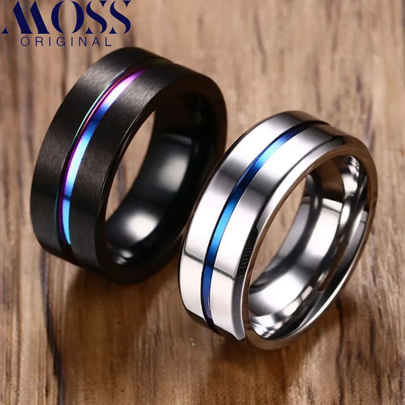 Black Ring for Men Women Groove Rainbow Stainless Steel Wedding Bands Trendy Fraternal Rings Casual Male Jewelry