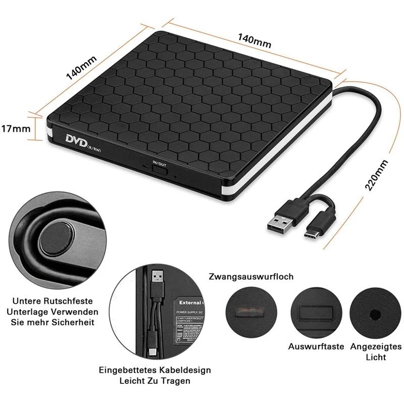 Внешний привод CD DVD с USB 3 0 Type-C портативный Plug & Play Superdrive для ноутбуков настольных