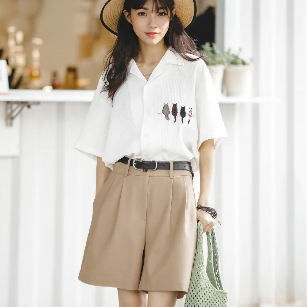 Madden Women's American Retro Pleated Capris Summer Casual Versatile Shorts A-line Mid Waist Slim Wide Leg Pants