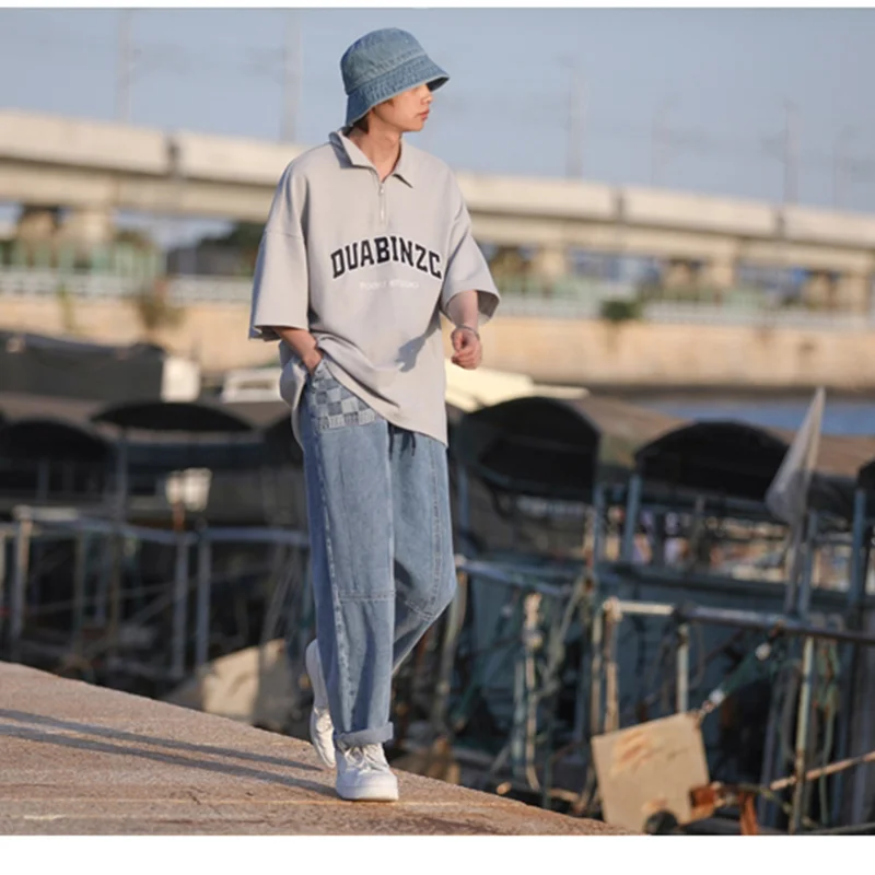 Men Clothing 2022 New Pattern Vintage Chessboard Splicing Recreational Blue Jeans Loose Straight Cylinder Trousers Autumn Female