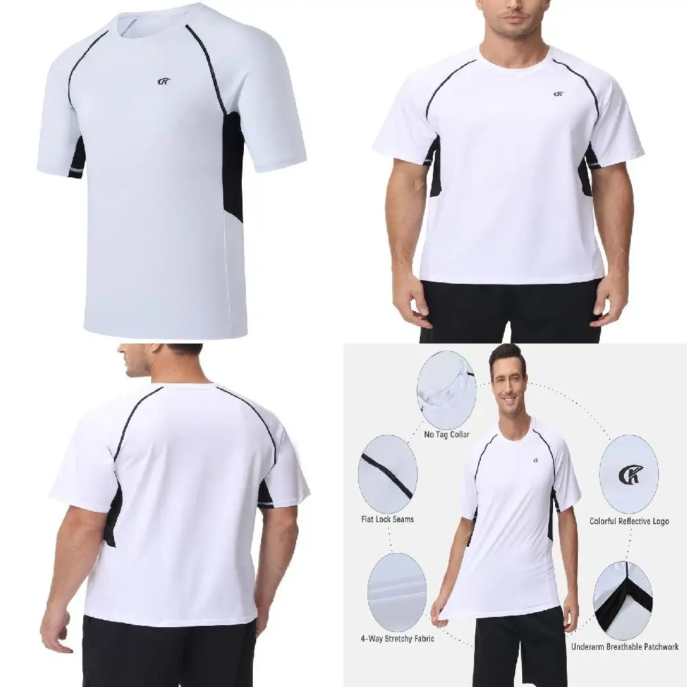 

UPF50+ Quick Dry, Breathable, Comfy White Short Sleeve Mens Shirts for Running Sun Protection Rash Guard Top.
