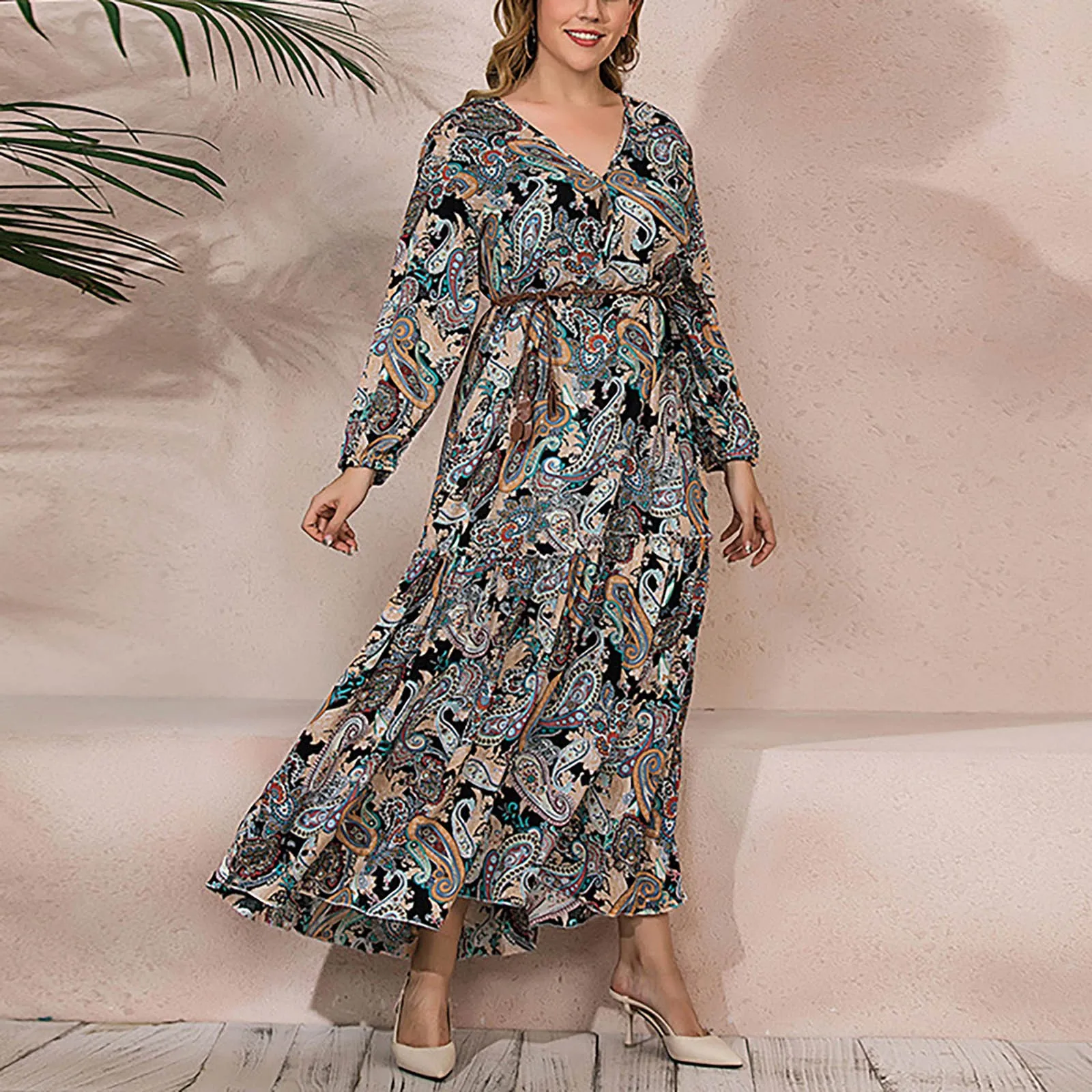 

Vintage Plus-Size Ethnic Style Dress Female Loose Long-Sleeved Long Swing Sexy Elegant V Neck Long Skirt 2023 Autumn Suits