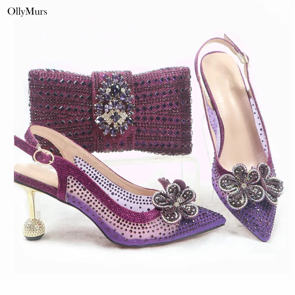 

Hot Sale Fashion Italian Crystal Shoes And Bag Set European Design Woman High Heel Shoes And Bag Set For Party Size 38-42