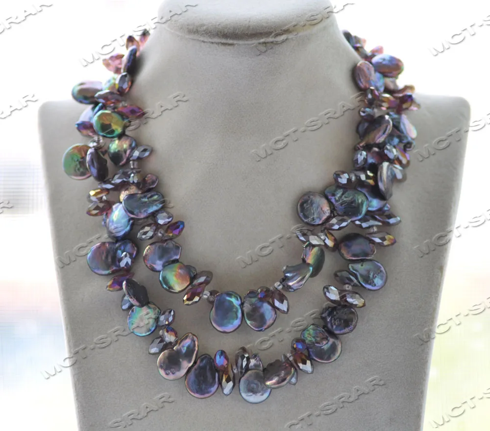 

Z12016 17"~32'' 15mm Peacock-Black Coin Pearl Purple Drop Faceted Crystal Necklace