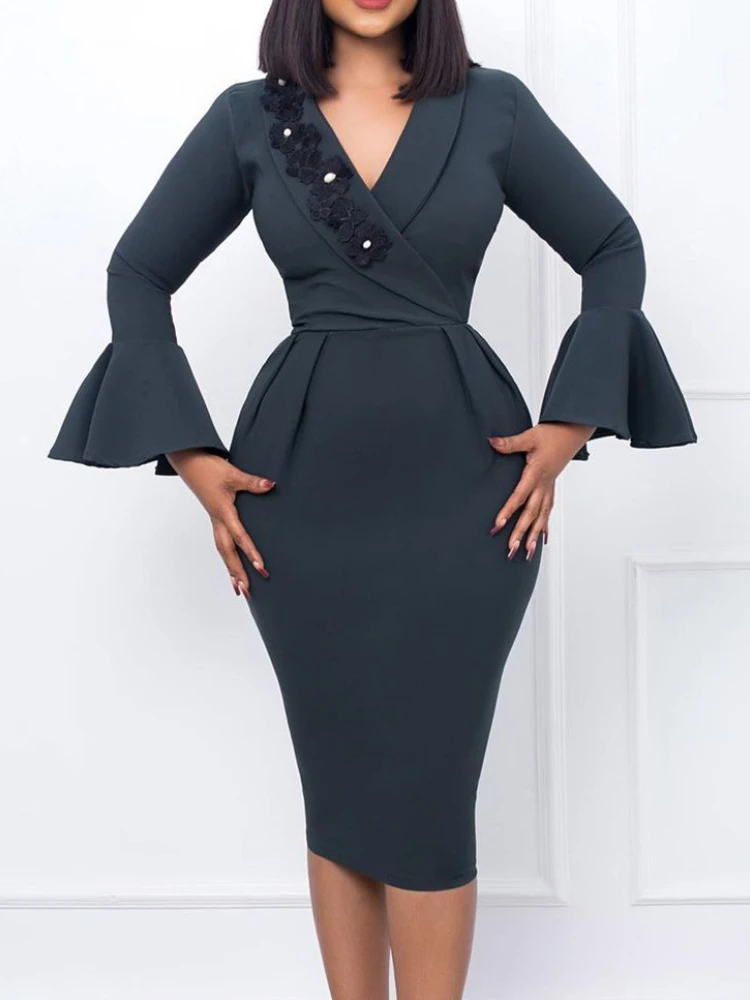 

Women Bodycon Dress Long Flare Sleeves High Waist Autumn Fashion Office Ladies Work Wear Elegant Classy Modest Female Robes New