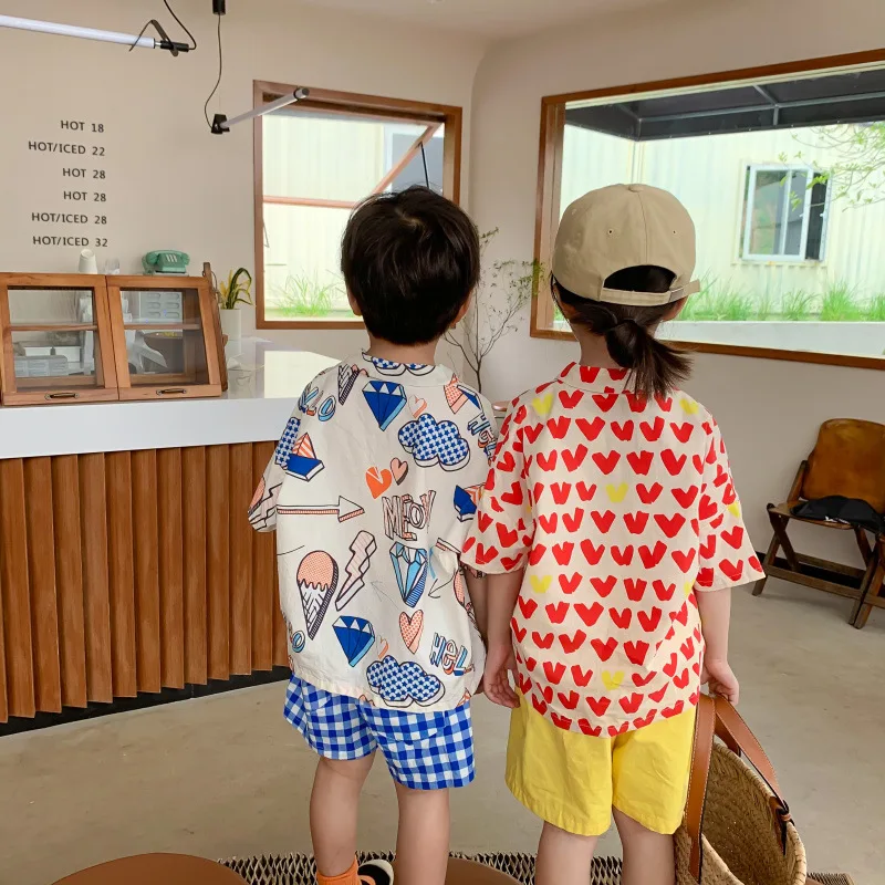 

Cotton Boys Sleeve Fashion Summer Casual Korean Cartoon Shirt Style Shirts 2022 Holiday Kids Girls Tops Short Children Printing