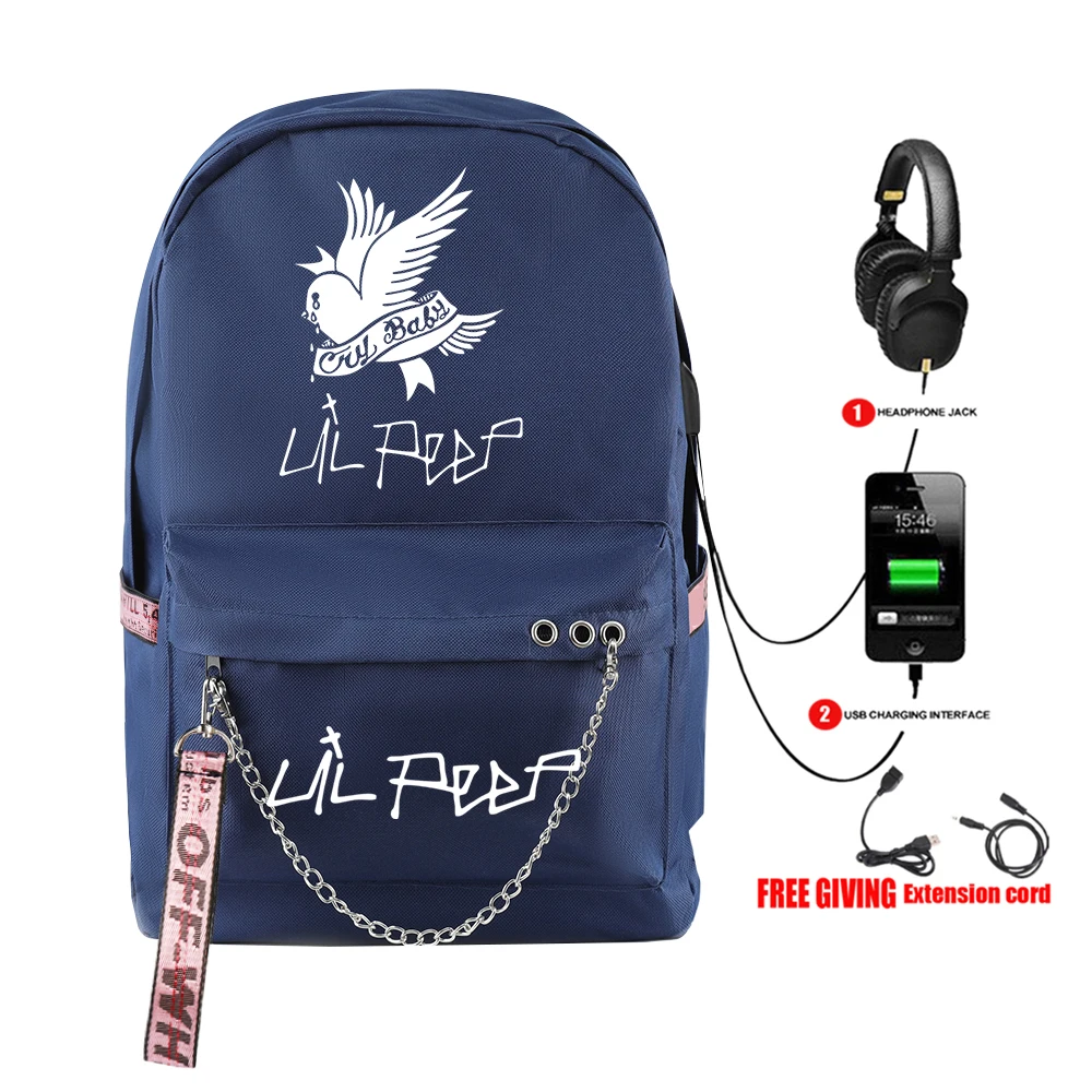 

Harajuku Popular Cool School Bags Unisex Rap Lil Peep USB Travel Bags Printed Oxford Waterproof Notebook Shoulder Backpacks
