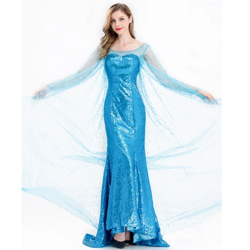 Adult Elsa Frozen Princess Long Dress Princess Elsa Dress Costume Adult Women's Halloween Carnival Cosplay Cost Easy