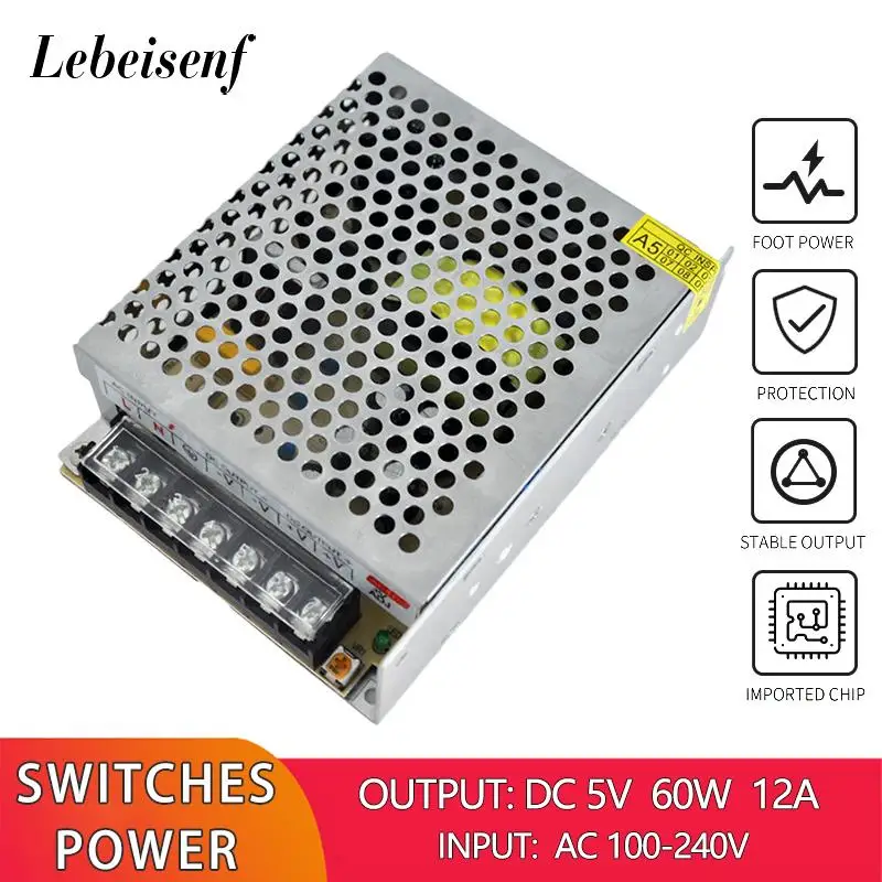 

100-240V AC to DC 5V 12A 60W Converter Switch Mode Power Supply LED Lighting Transformer Drive Adapter DC5V AC/DC-enclosed SMPS