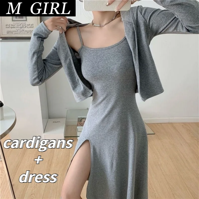

M GIRLS Sets Women Solid Elegant Classy 2 Pieces Cropped Cardigans Side-slit Sexy Party All-match Streetwear BF Female Ins
