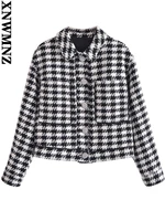 xnwmnz jackets for women fashion houndstooth tweed jacket coat vintage long sleeve female outerwear chic tops streetwear jacket