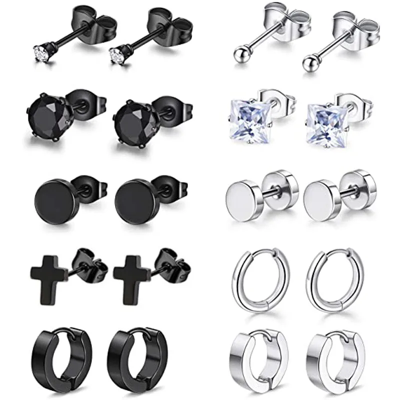 

10 Pairs Stainless Steel CZ Black Silver Stud Earrings Set for Men Women Round Earring Ear Piercing Jewelry Set Hoop