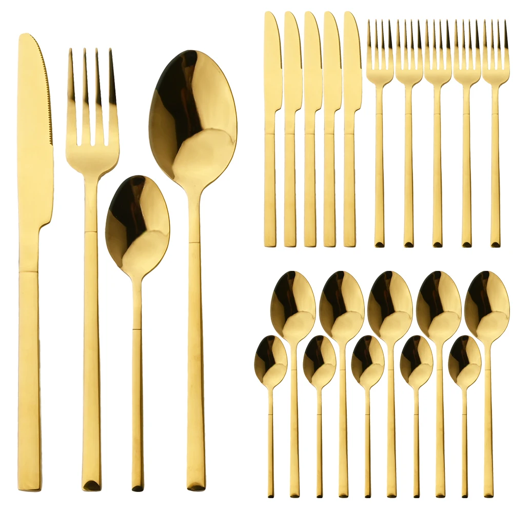 

24Pcs Tableware Set Knife Fork Spoon Dinnerware Silverware Set Stainless Steel Dinner Gold Flatware Cutlery Western Kitchen