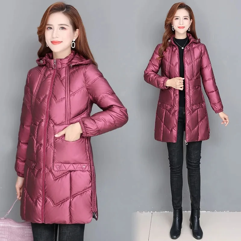 Parkas Women Large Size Long Disposable Shiny Down Cotton Jacket Female 2022 Autumn Winter New Hooded Warm Slim Padded Coat