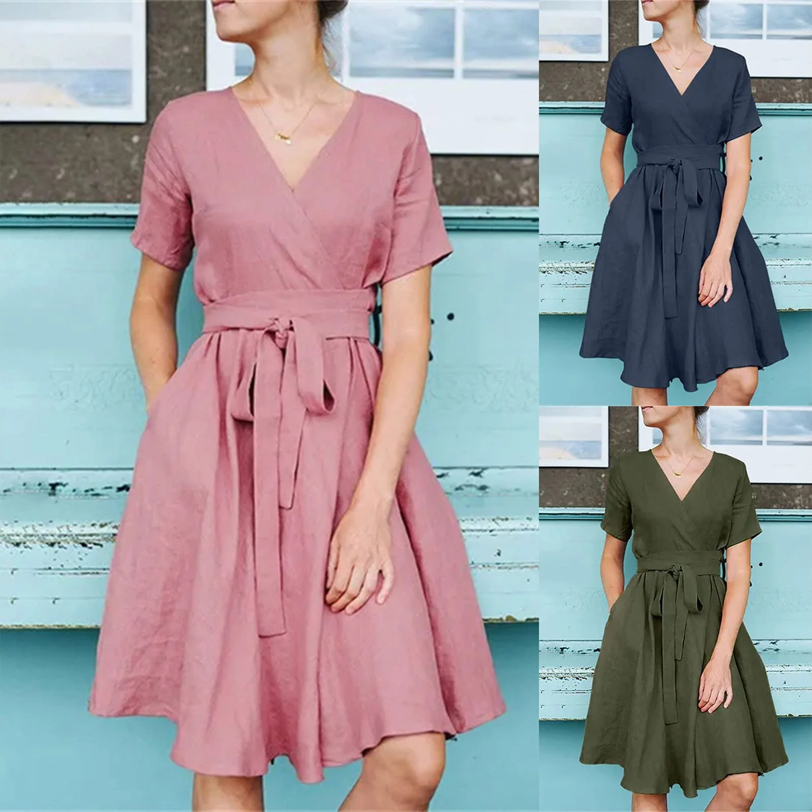

Women Short Sleeve Casual Beach Midi Sundress Vintage Summer V-Neck Cotton Linen Dress Bow Belt A Line Beach Cotton Vestidos