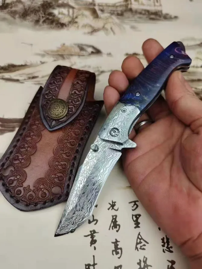 Цветной складной нож с орлом ручная работа лезвие из Дамаска твердая деревянная