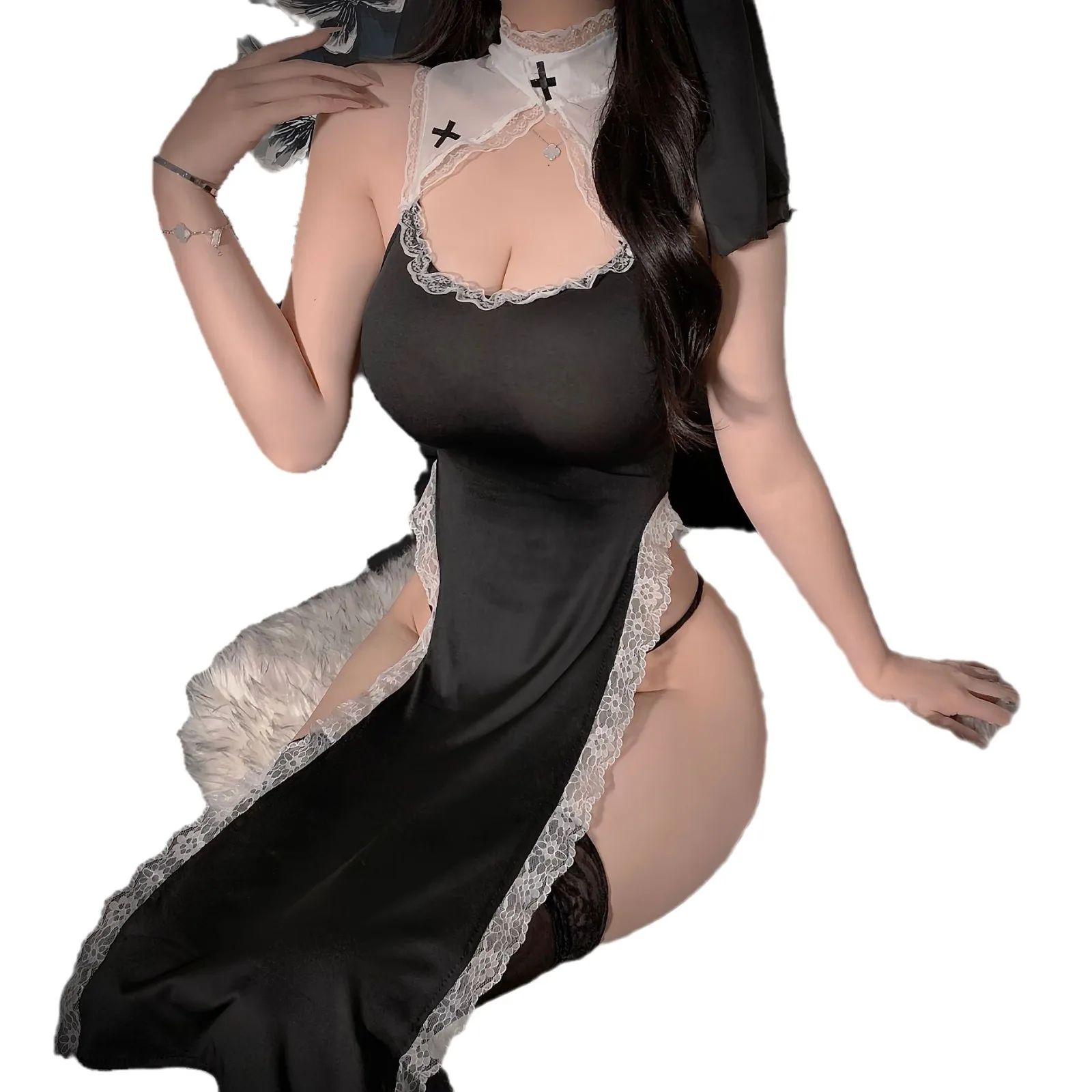 Женская Длинная Ночная рубашка большого размера с кружевными краями и высоким