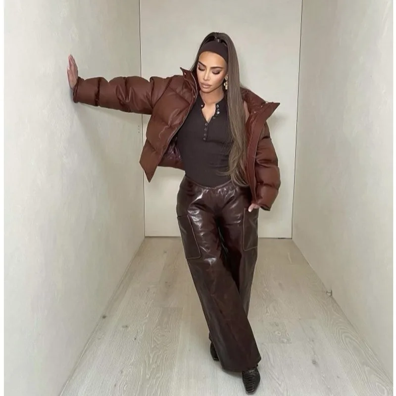 2021 Winter New Women PU Leather Cotton Coat Zipper Stand Collar Short Coat Cotton-padded Jacket Brown Streetwear Casual Ladies
