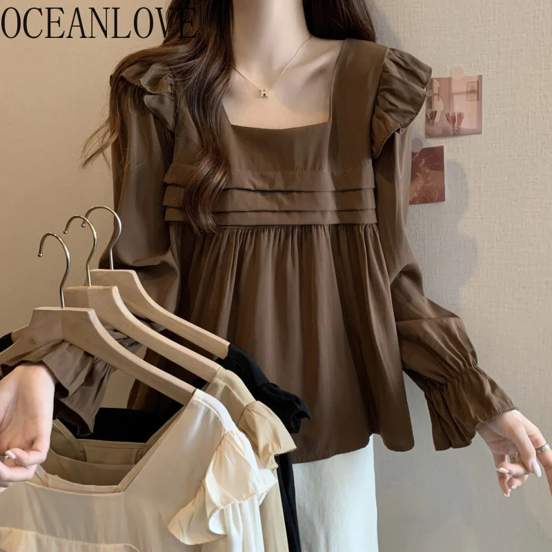 

Blouses Women Tops Rules Square Neck Solid Spring Summer Loose Blusas Mujer lare Sleeve Vintage Shirts Sweet